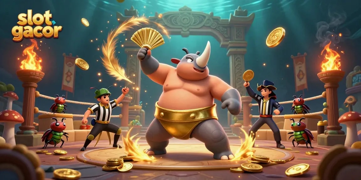 Engage with slot gacor gameplay featuring a sumo beetle champion amidst flying coins and vibrant energy.