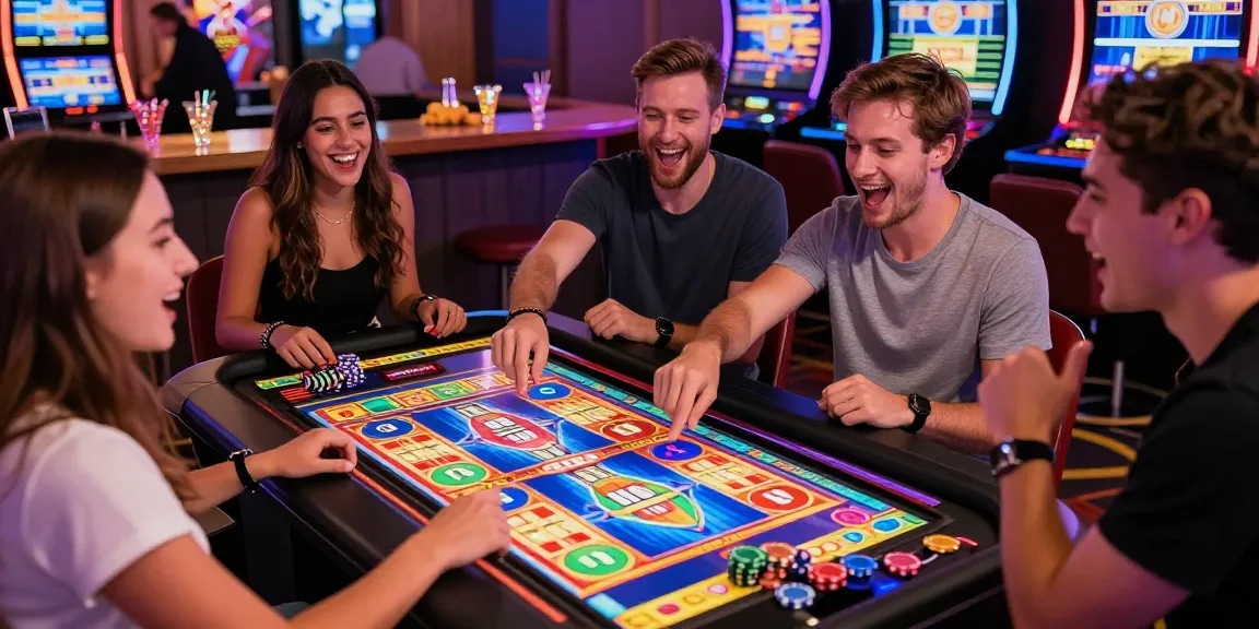 Friends enjoying demo slot machines at a vibrant casino, showcasing excitement and fun.