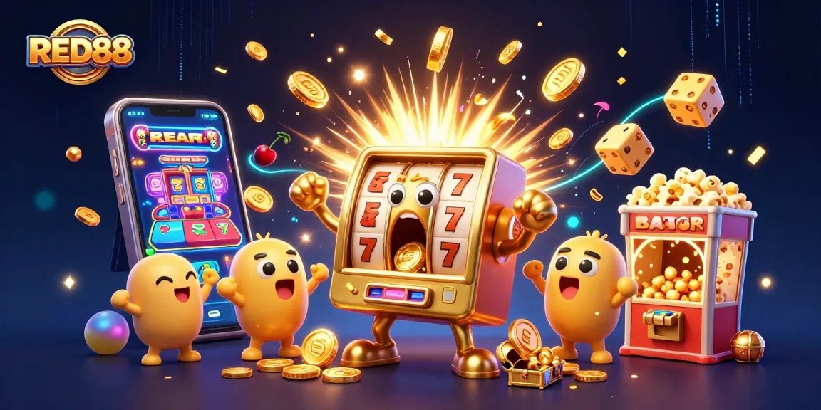 Experience the excitement of RED88 with a dazzling jackpot scene featuring golden slot machines and coins.