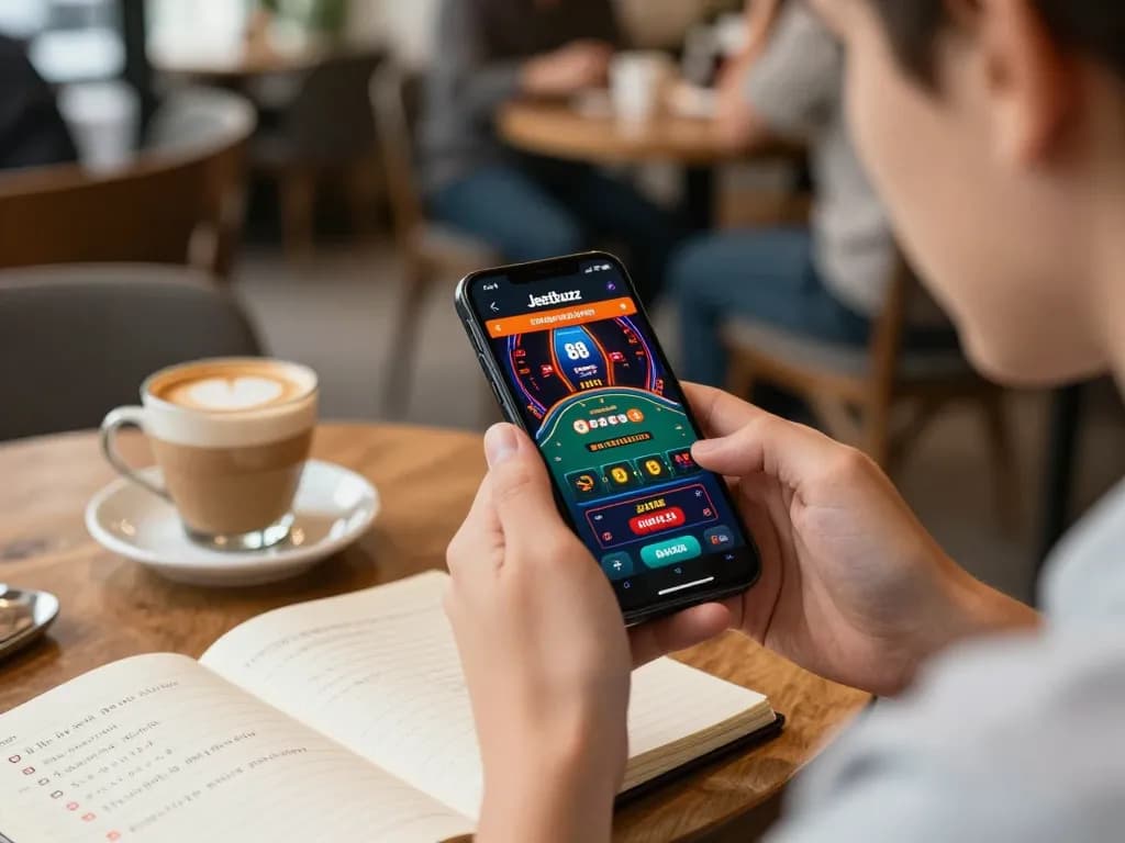 Engaged user playing Jeetbuzz 88 mobile casino app at a cozy café.