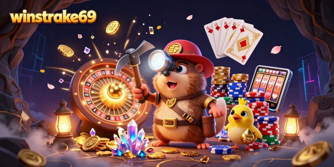 winstrike69 slots illustration featuring a mole treasure hunter and coins in a vibrant casino scene