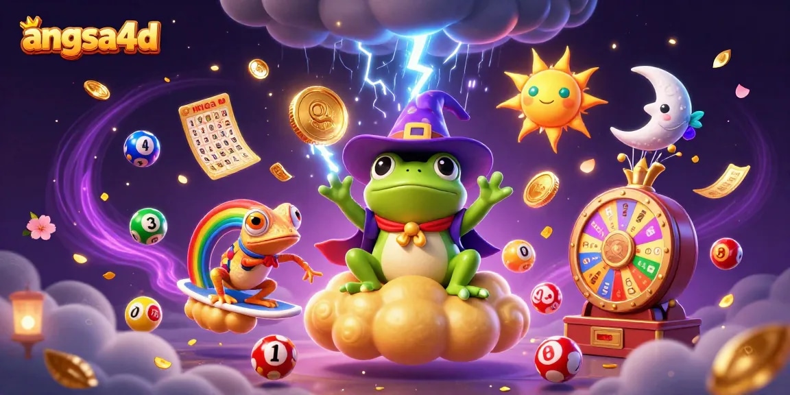 Engage with angsa4d in this vibrant illustration of a wizard frog and chameleon amidst a lottery scene.