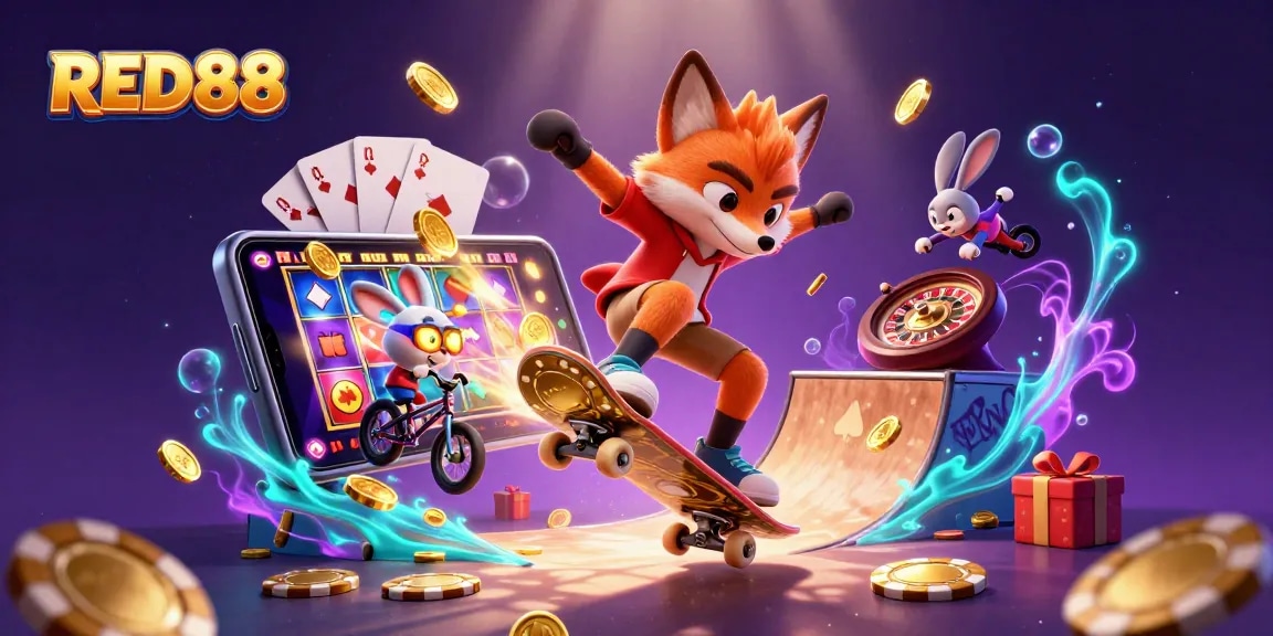 Catch the action with RED88's vibrant 3D illustration showcasing a skateboarder fox flipping over poker chips amidst dynamic casino elements.