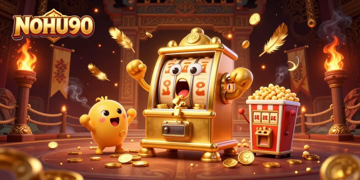 NOHU90 jackpot excitement with a golden slot machine celebrating wins alongside baby machines and popcorn