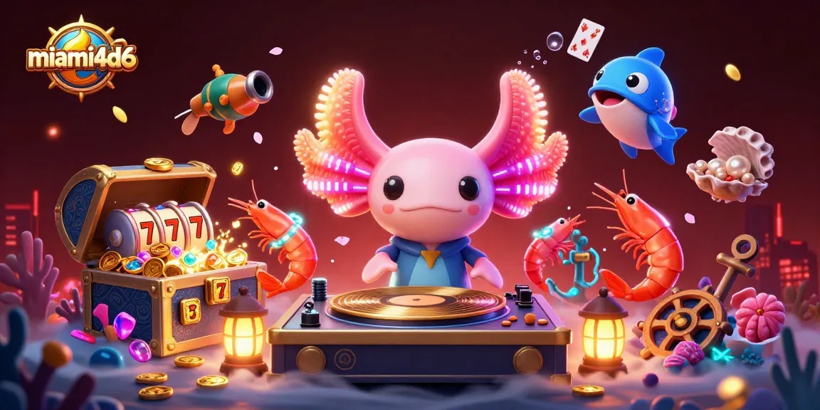 Experience vibrant miami4d6 casino fun with a neon axolotl DJ and thrilling slot reels.