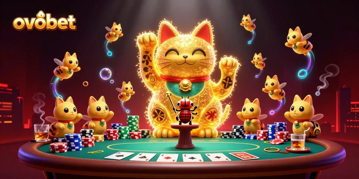 Ovobet menghadirkan suasana perjudian dengan karakter kucing keberuntungan digital yang menyenangkan dan penuh warna.