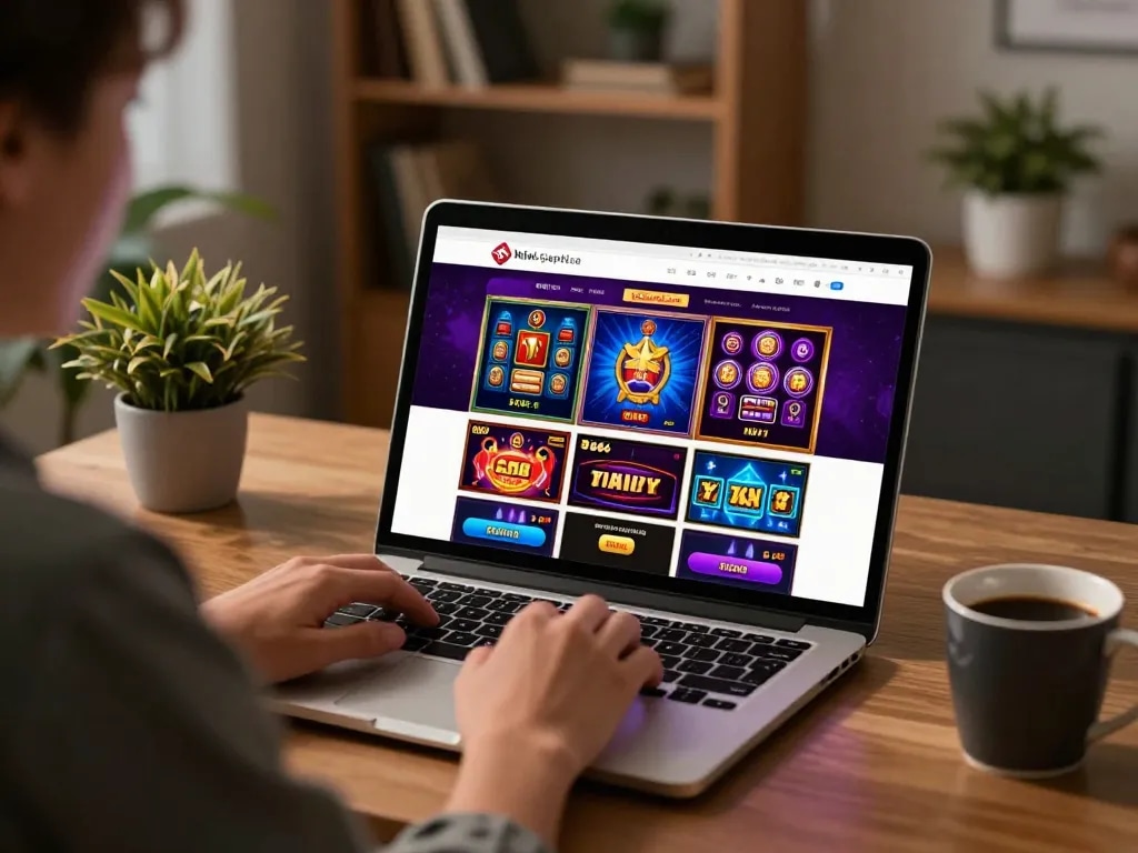 Person playing lc88 online casino on a laptop, showcasing various games in a cozy setting