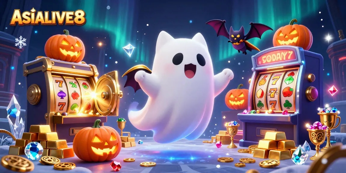 Spin the reels with ASIALIVE88 in this vibrant, haunted casino scene filled with treasures.