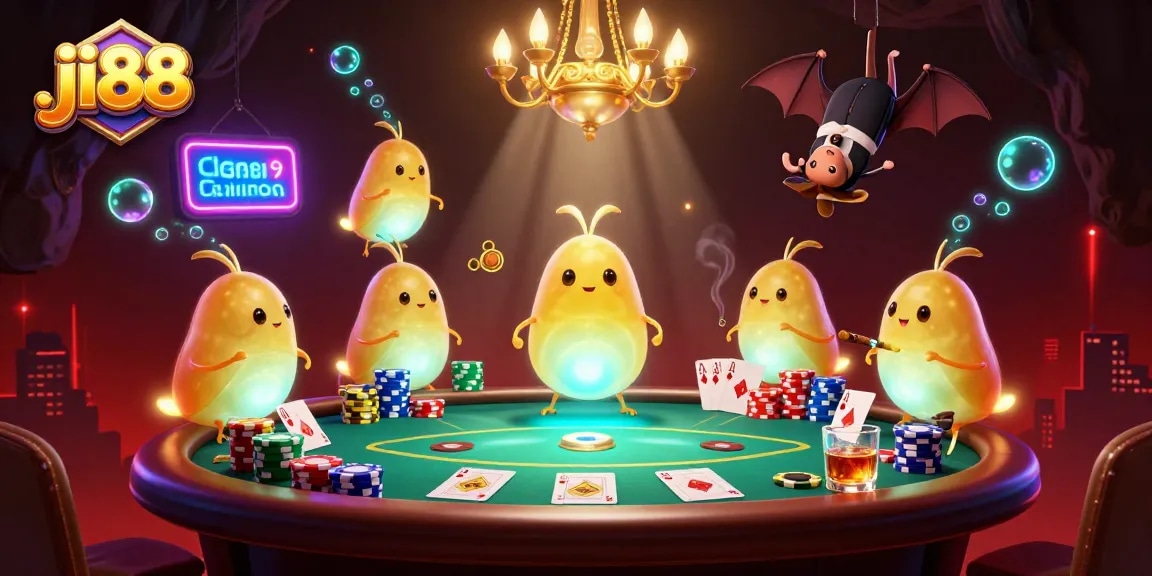 Engage in dynamic ji88 gaming with a bioluminescent glowworm team illuminating a casino.