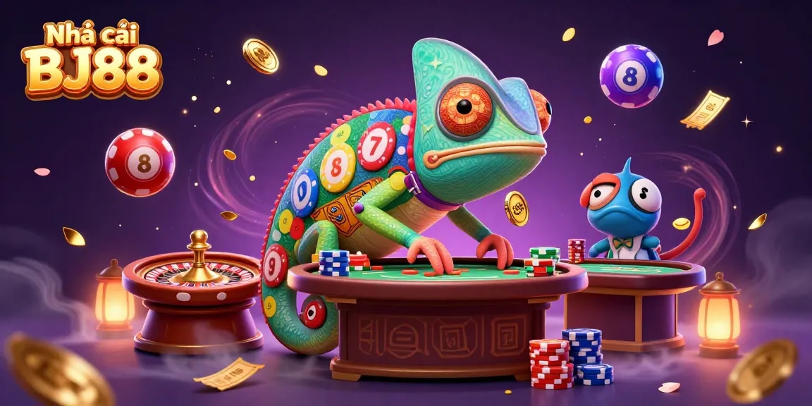Experience the thrill of Nhà cái BJ88 with a dynamic 3D illustration showcasing a colorful casino scene.