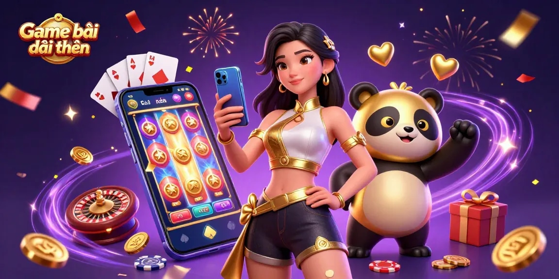Experience the excitement of Game bài đổi thưởng with colorful slots, coins, and cards in a vibrant casino scene.