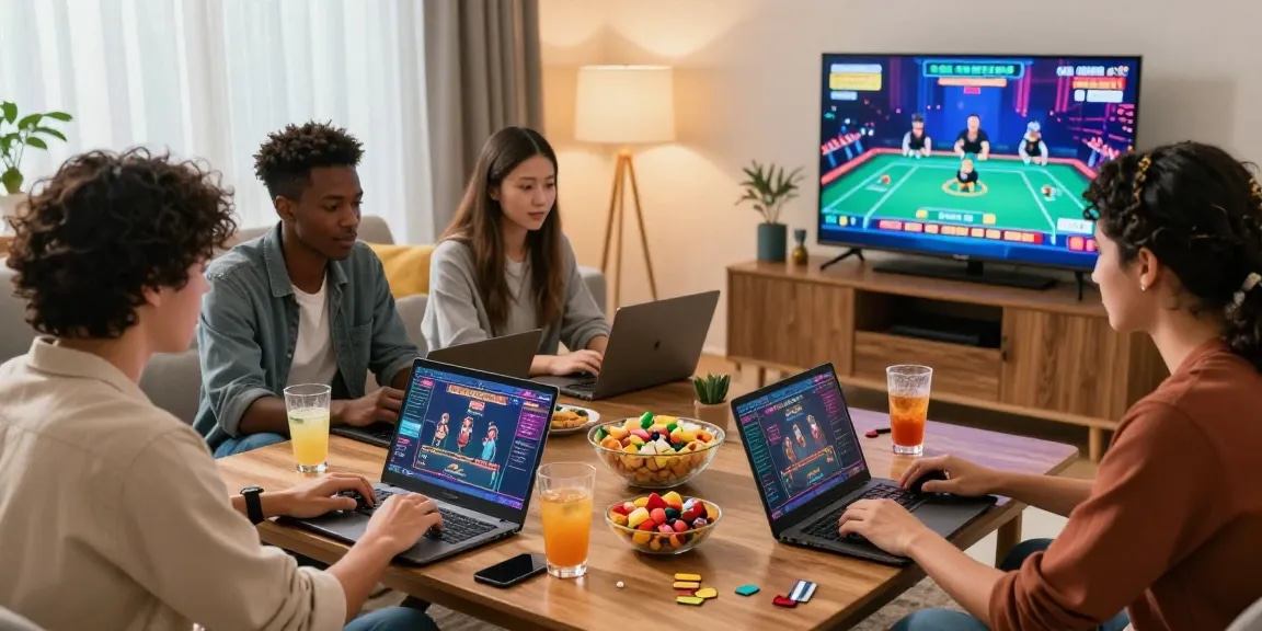 Friends enjoying credit card casinos together at home with laptops, drinks, and vibrant snacks.