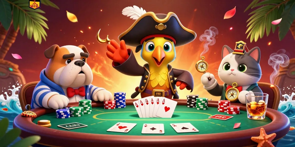uu88 enhances poker excitement with a vibrant 3D scene featuring a pirate captain and playful animals.
