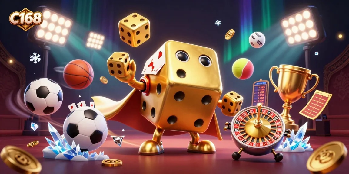C168 offers an exciting dynamic casino experience with golden dice and sports elements in a vibrant 3D illustration.