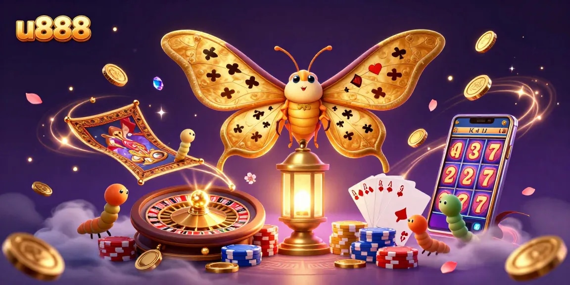 Experience casino thrills with u888's captivating illustration featuring vibrant games and rich gambling elements.
