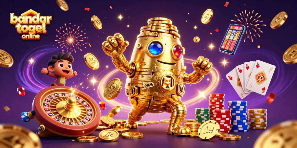 Experience dynamic gameplay at bandar togel online with a vibrant 3D illustration of a golden coin golem and casino elements.