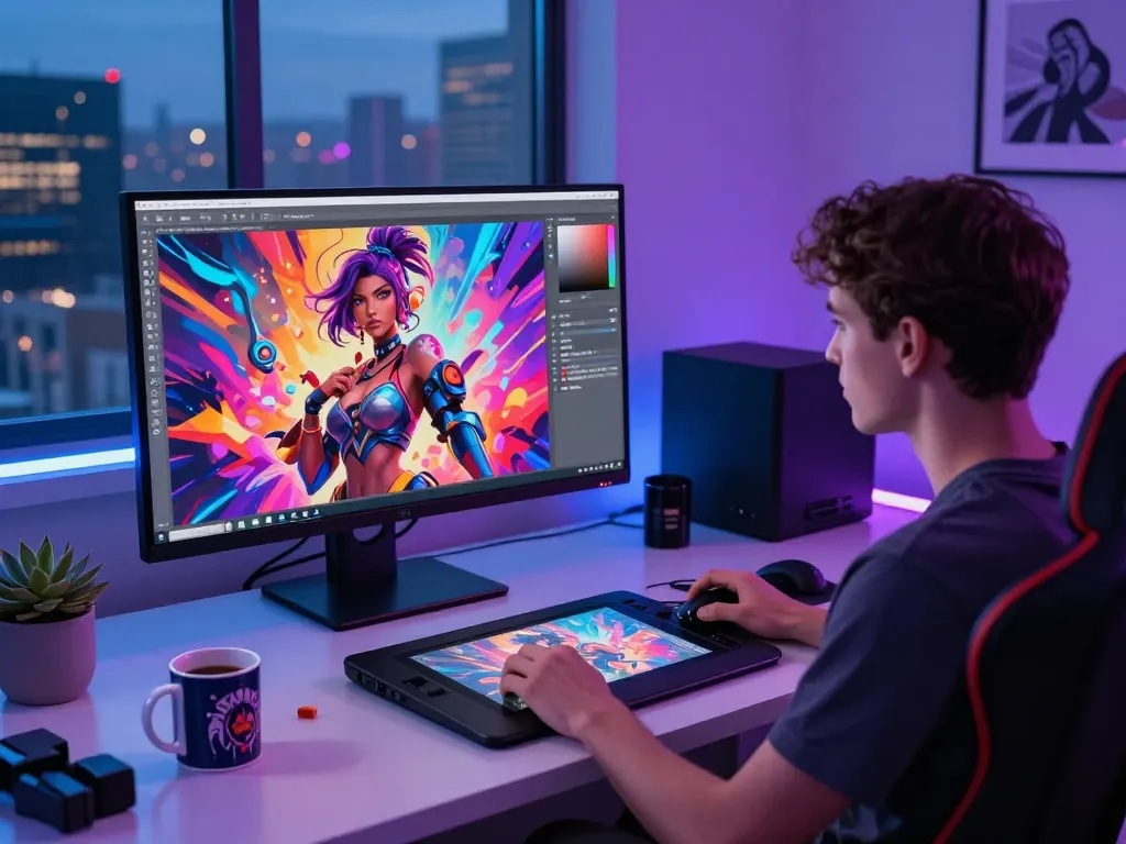 Artist creating ai nsfw digital illustrations in a modern studio with vibrant tech and creative elements.