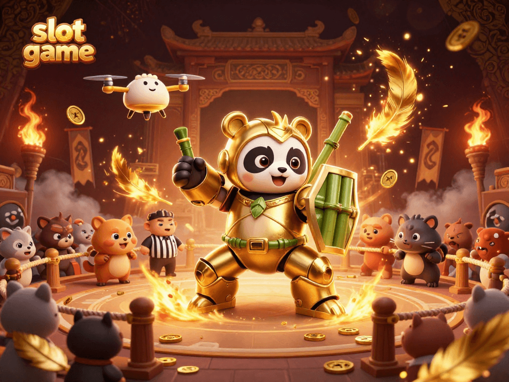 Experience the thrilling slot game visuals with a golden panda robot champion in a lively arena.