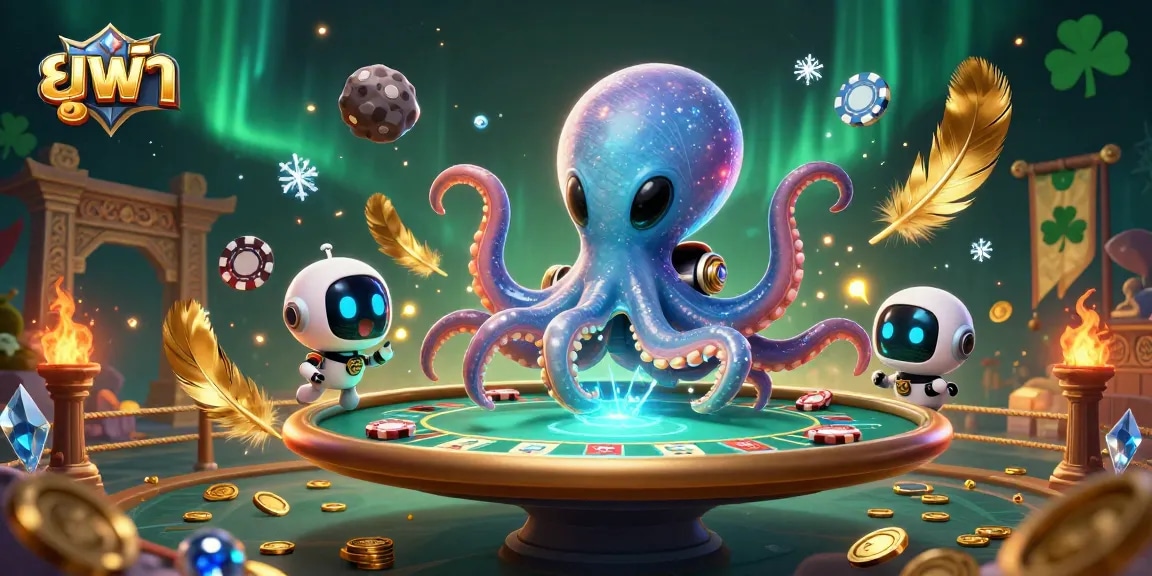 Engage with ยูฟ่า in a dynamic 3D illustration featuring an alien octopus at a poker table.
