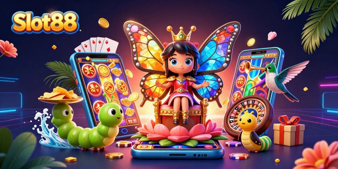 Spin the vibrant Slot88 reels with the enchanting butterfly queen in an imaginative casino setting.