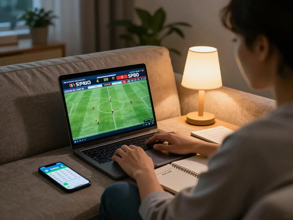 Mengikuti taruhan olahraga dengan skor langsung SPBO yang ditampilkan di laptop, menunjukkan permainan yang bertanggung jawab.