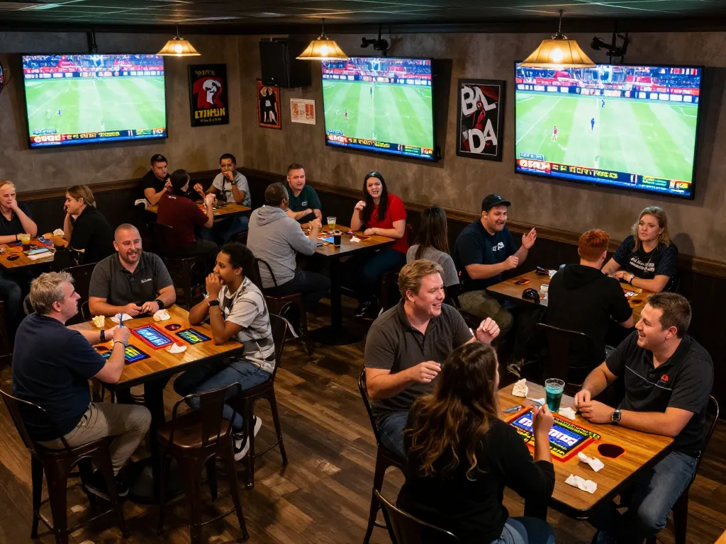 Experience intense moments with 7meter Parlay at a lively sports bar, showcasing fans engaged in betting.