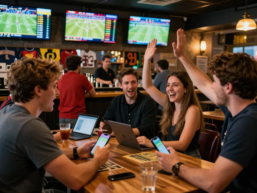 Patrons enjoying sports betting at tg88 while celebrating winning bets in a vibrant bar atmosphere