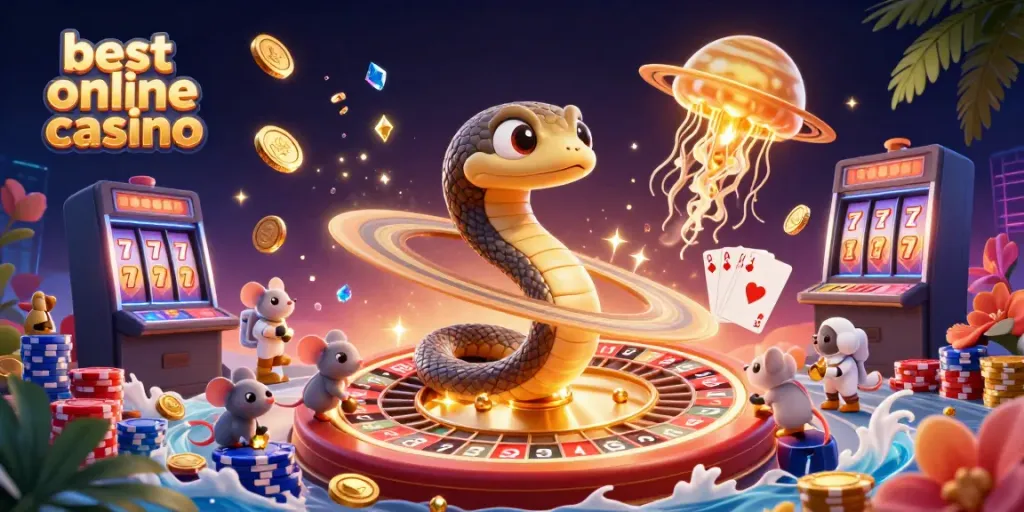 Engage in thrilling bets at the best online casino with a cosmic scene of a snake roulette wheel and fun characters.