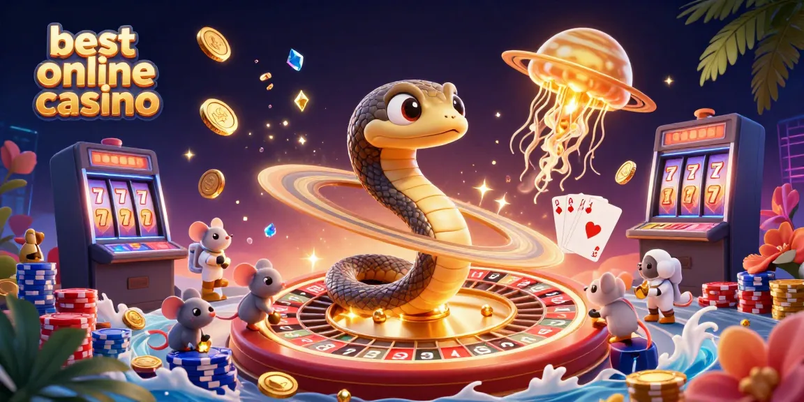Engage in thrilling bets at the best online casino with a cosmic scene of a snake roulette wheel and fun characters.