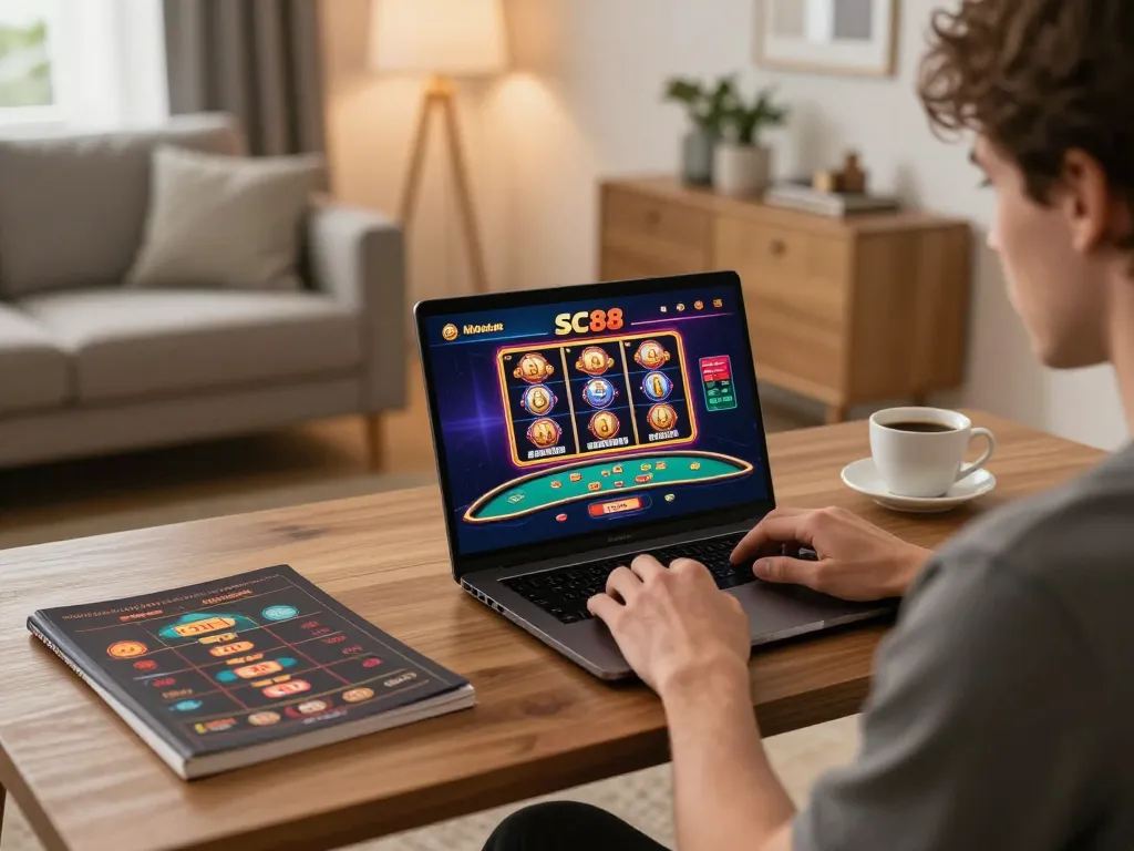 Players engaging with the SC88 app on a laptop while strategizing for online gambling.