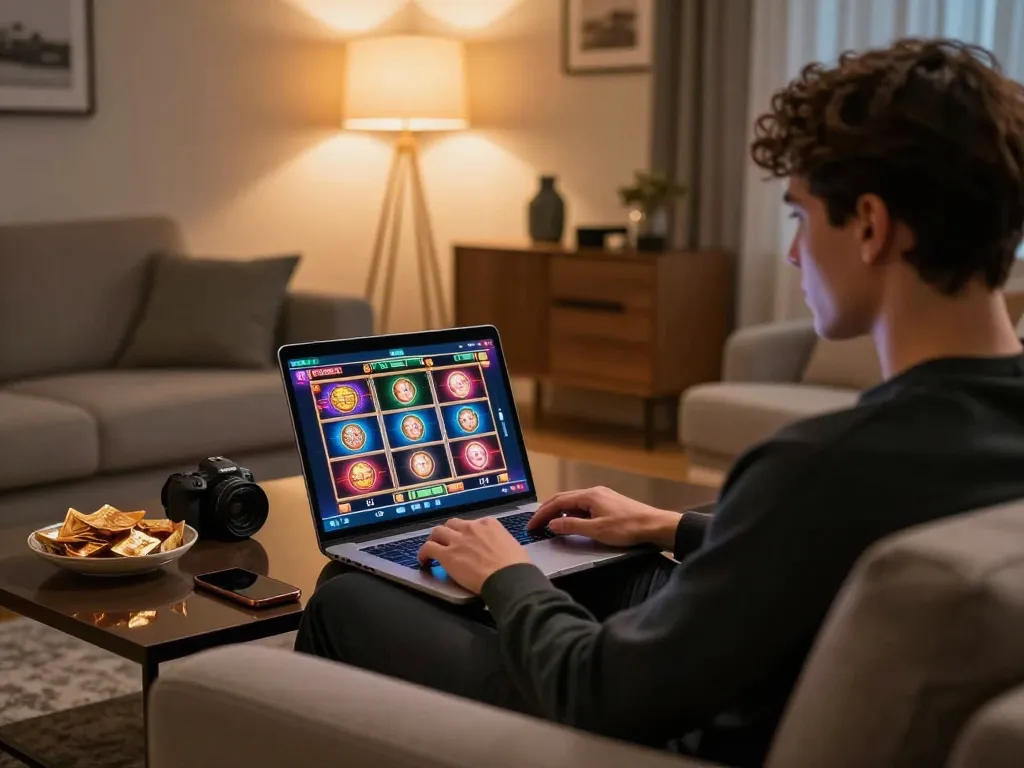 Playing slots on https://kjc.events/ at home, showcasing focused player with laptop and cozy atmosphere.