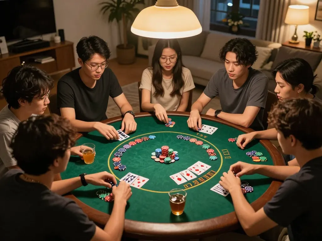 Tài xỉu online players enjoying a lively home game night with poker chips and drinks, capturing the excitement of strategic gameplay.