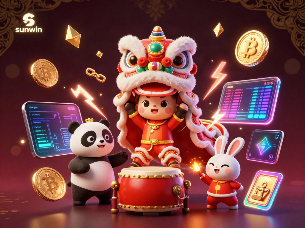 Experience gaming excitement with sunwin in a vibrant 3D festival scene featuring lively characters, crypto coins, and dynamic energy.