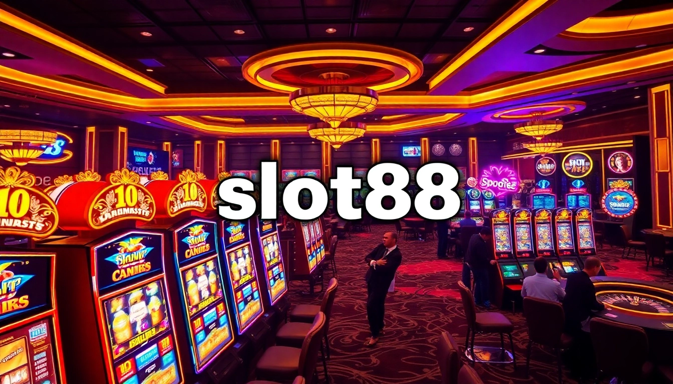 Mainkan permainan slot88 yang menarik dengan mesin berwarna-warni di setting kasino yang mewah.