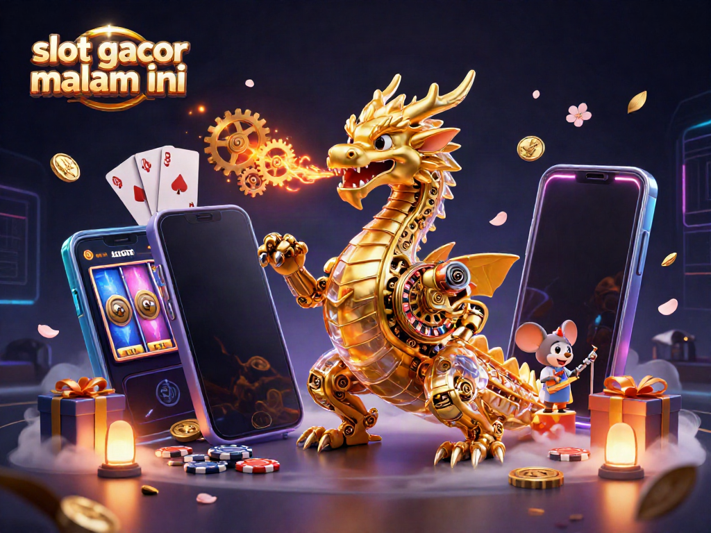 Slot gacor malam ini menampilkan ilustrasi kasino penuh warna dengan naga emas dan elemen permainan.