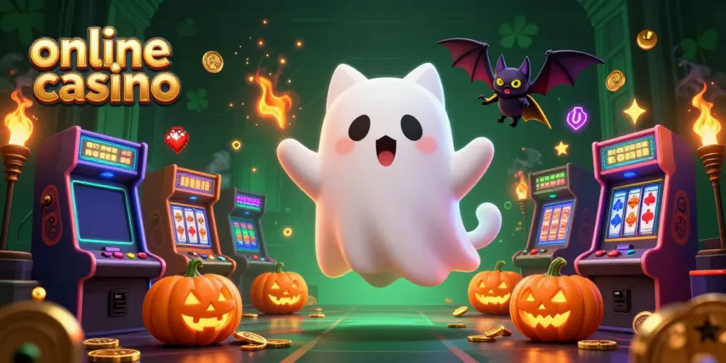 Engaging online casino scene featuring a friendly ghost cat and vampire bat amidst glowing slot machines and game elements.