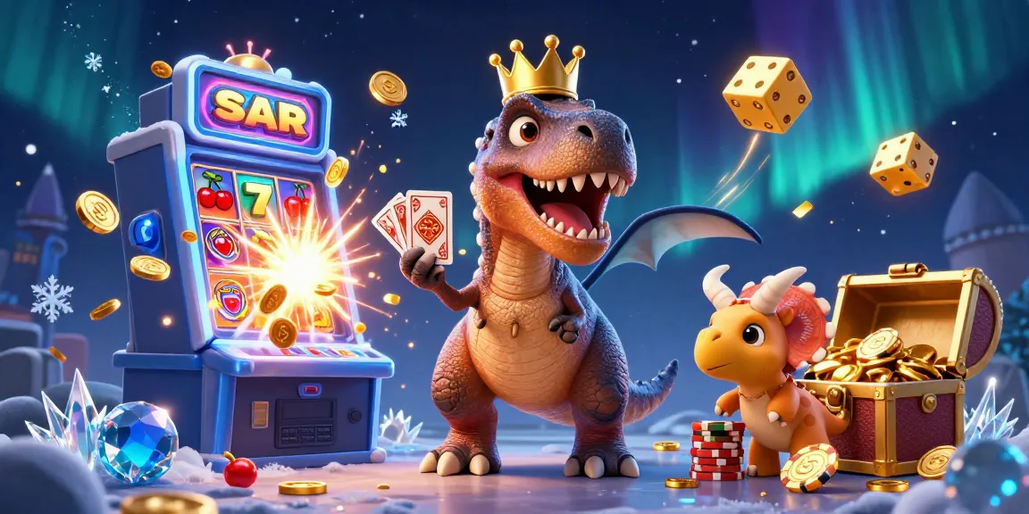 Experience thrilling casino action as the sun shines over playful T-Rex and friends at a vivid online gaming scene.