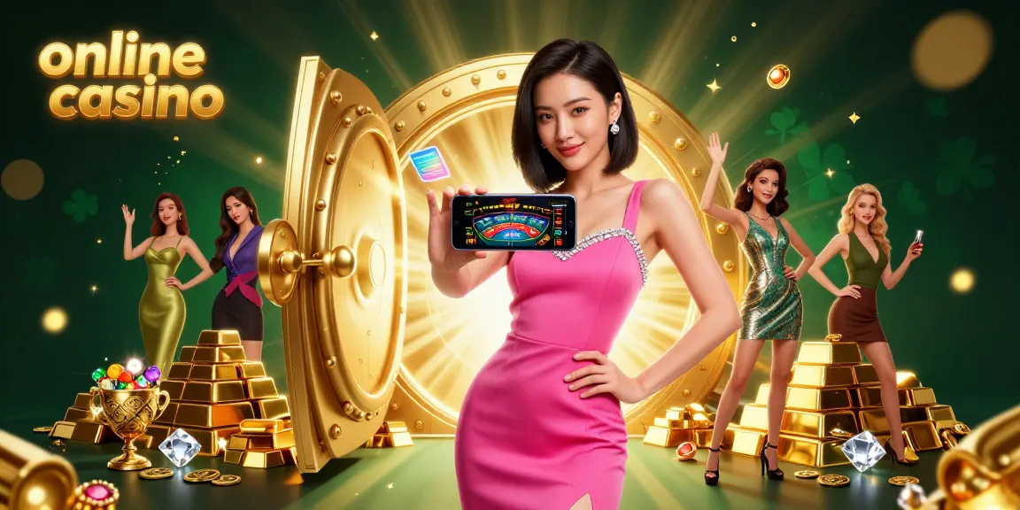 Play engaging games at an online casino with a glamorous setup featuring a stunning woman.