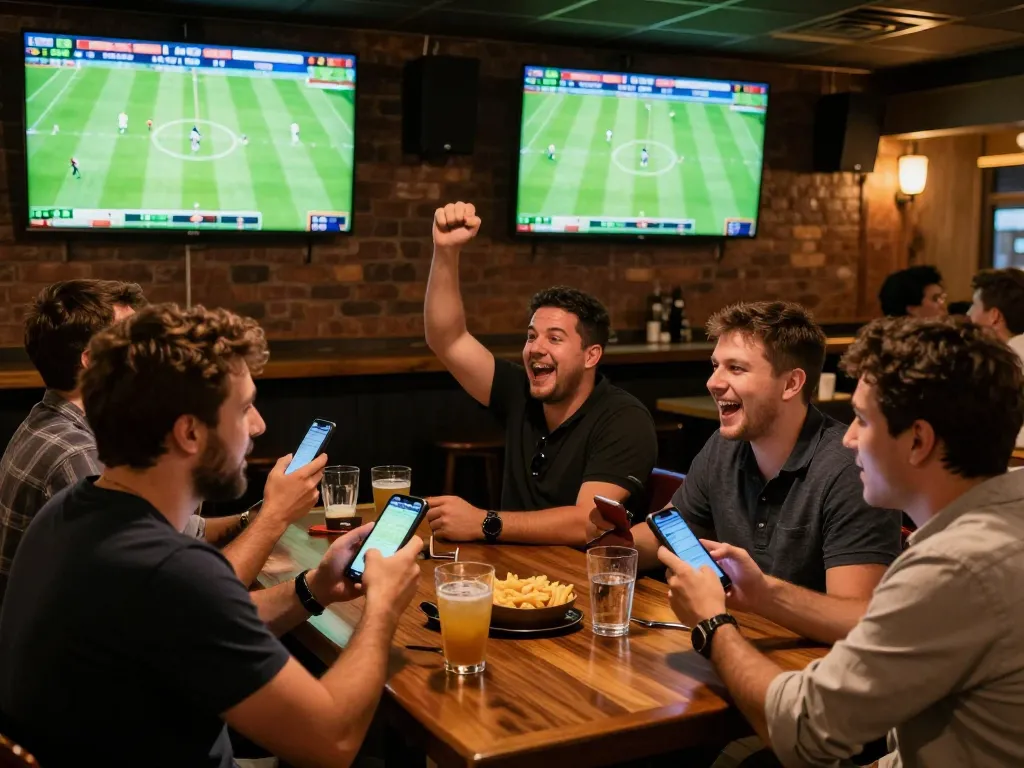 Soi Kèo action captured as enthusiastic bettors watch live matches in a vibrant sports bar.