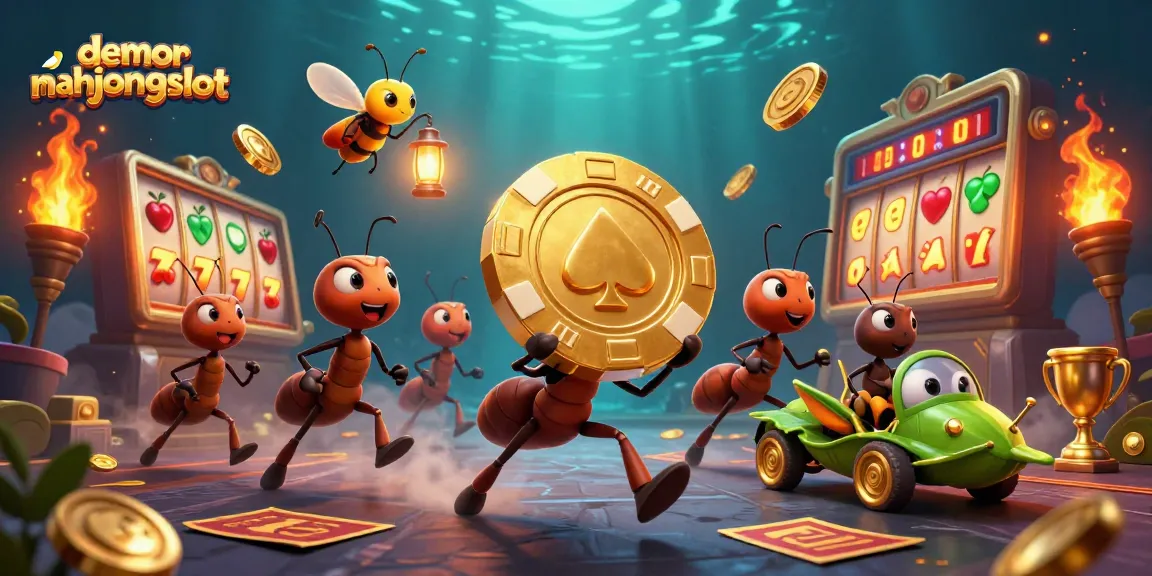 Engage in demomahjongslot with a dynamic illustration of ants heisting a golden poker chip amidst exciting casino elements.