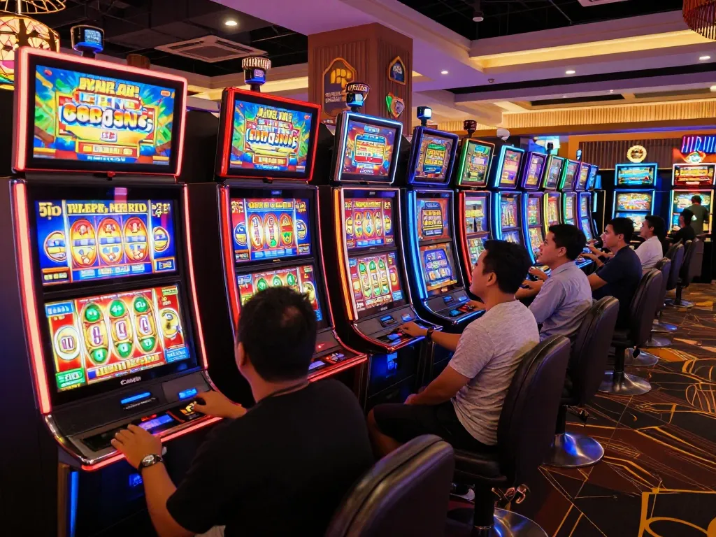 Players engaging with colorful slot qris machines in a vibrant Indonesian casino atmosphere.