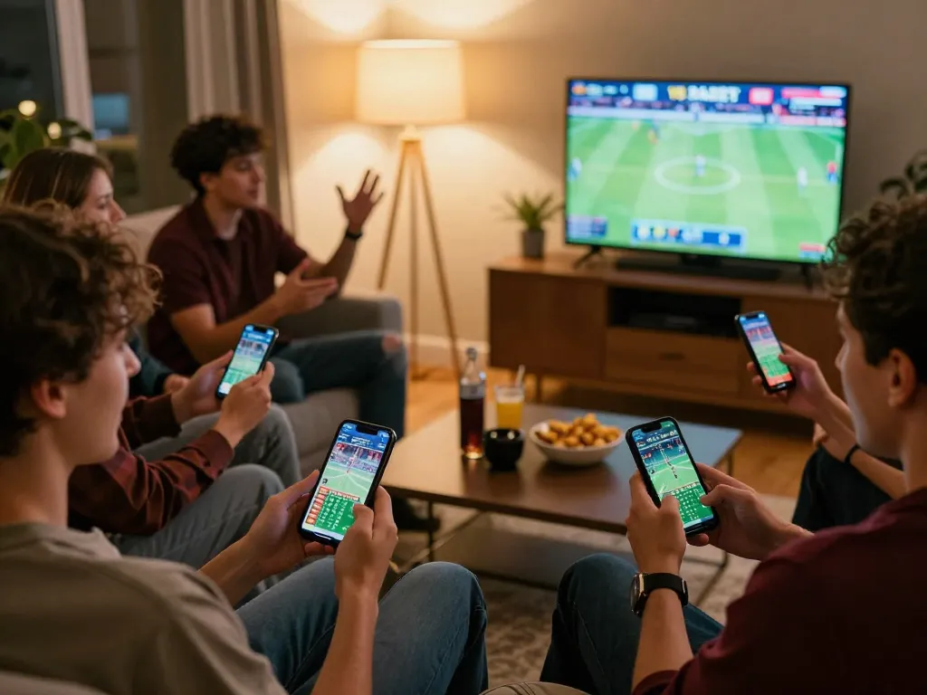 Engaged friends using a smartphone to place Keo nha cai bets while enjoying friendly competition at home