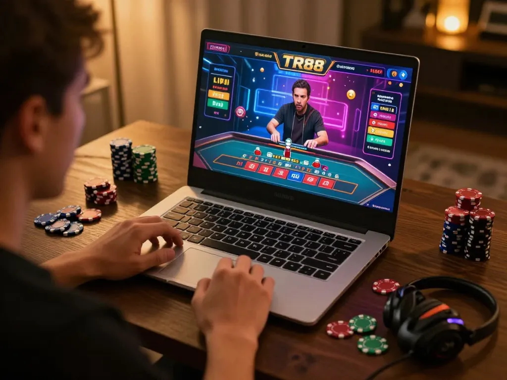 Player enjoying TR88 live casino game with virtual chips in a stylish gaming setup