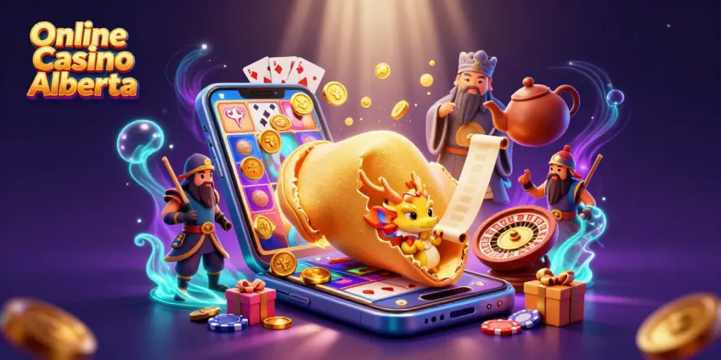 Engage with Online Casino Alberta's thrilling 3D scene of a golden fortune cookie and dynamic gambling elements.
