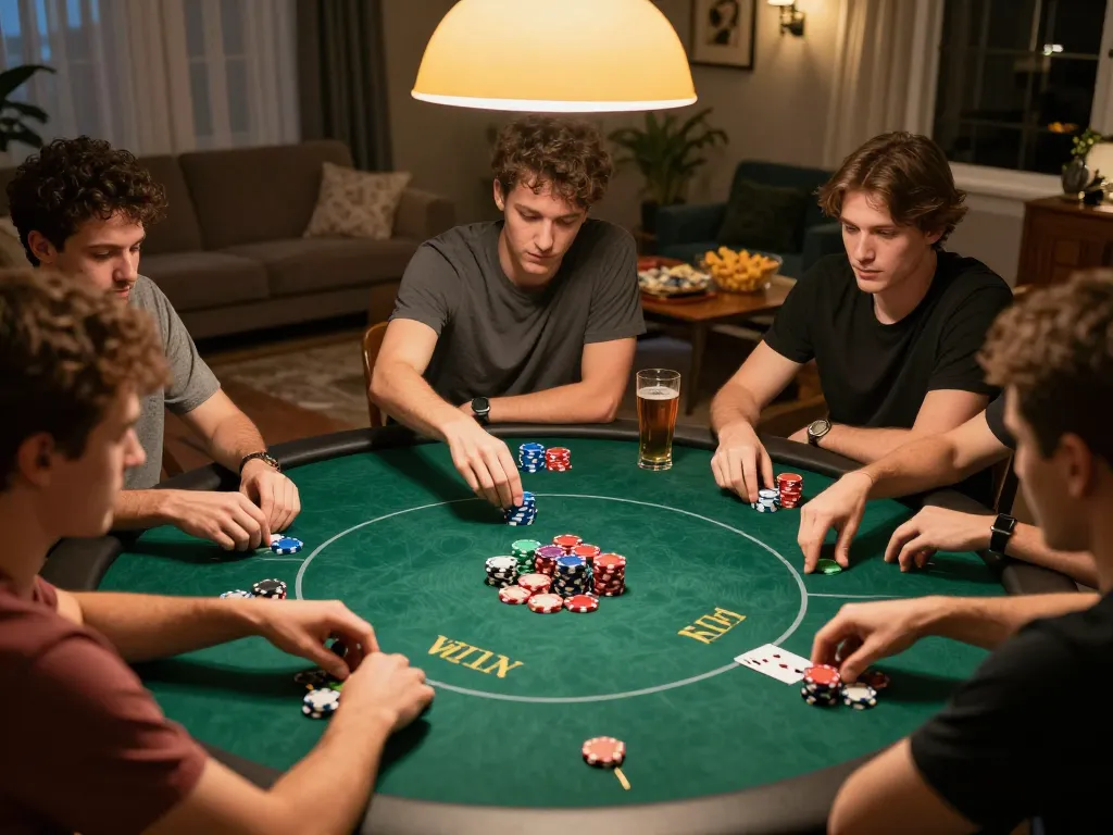 Players enjoying a strategic poker game at home with 789BET-themed poker chips and cards visible.