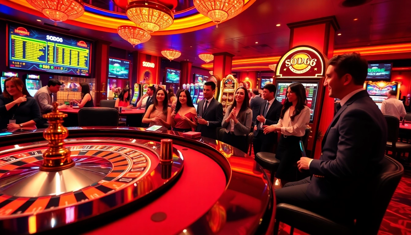 SODO66 luxury casino scene featuring roulette and poker tables with excited players.