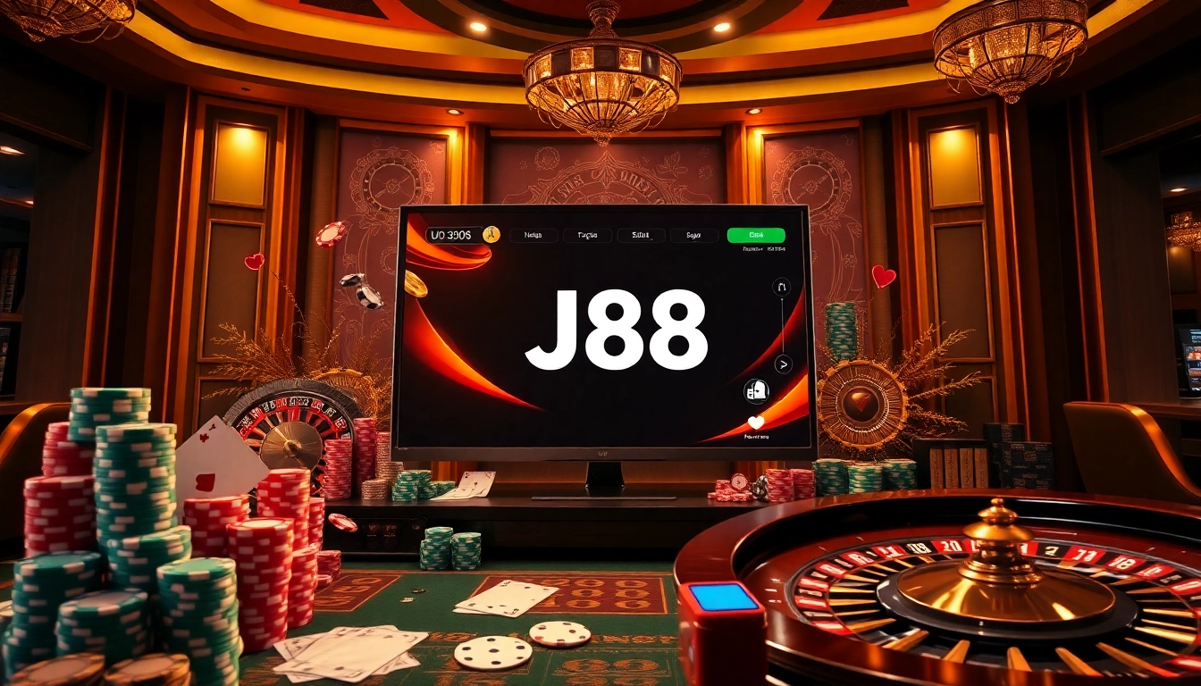 Engaging gambling scene featuring J88 online gaming elements, poker chips, and casino ambiance.