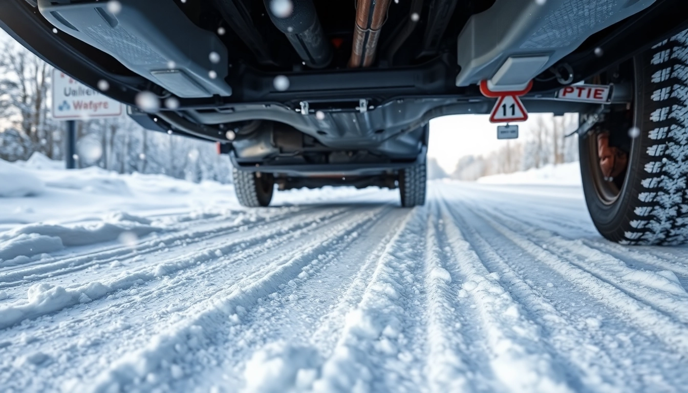 PPF winter road salt protection on a vehicle shown amidst snowy conditions with a sleek finish.