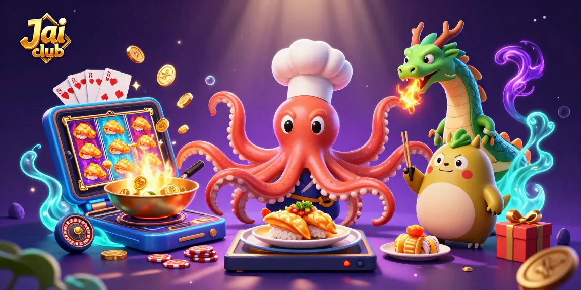 Engage in thrilling slots with Jai club's vibrant gaming scene featuring an octopus chef and magical dragon.