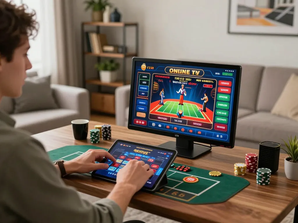 Player immerses in online gambling experience at ho88, engaging with vibrant games on tablet.